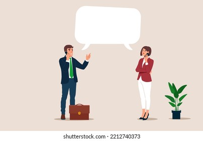 Happy couple talking on cell phone and looking on each, other with empty speech bubble. Flat vector illustration.