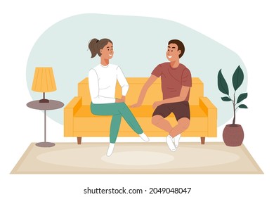 Happy couple talking and sitting on the sofa in the living room. Young man and woman spend time together at home. Family home leisure. Flat vector illustration