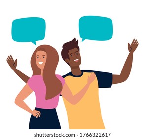 happy couple talking with speech bubbles, celebrating holiday vector illustration design