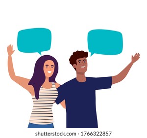 happy couple talking with speech bubbles, celebrating holiday vector illustration design