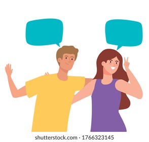 happy couple talking with speech bubbles, celebrating holiday vector illustration design