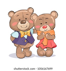 Happy couple of teddy family, boyfriend and girlfriend bears in cute cloth vector illustrations isolated on white, merry lovers Valentines day postcard