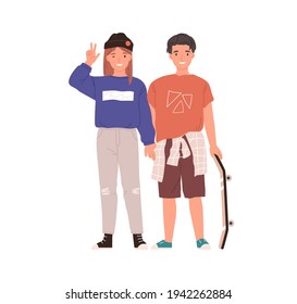 Happy couple of teen boy and girl. Portrait of trendy teenagers. Modern smiling pair standing together. Colored flat vector illustration of young friends isolated on white background