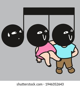 Happy Couple With Their Music Notes Head Concept Card Character illustration