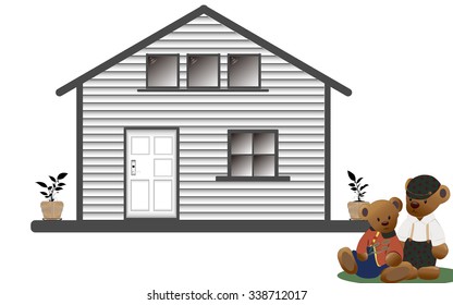 Happy couple with their new house at the background