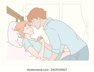 Happy couple together in bed. Happy man and  woman holding hands. Good morning kiss, cuddling. Sweet waking up. Hand drawn flat cartoon character vector illustration.