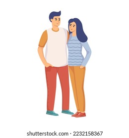 Happy couple together flat vector illustration. Young cartoon man and woman having fun outdoors isolated on white background. Family, love, care concept