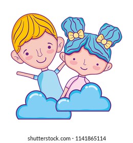 happy couple together with fluffy clouds