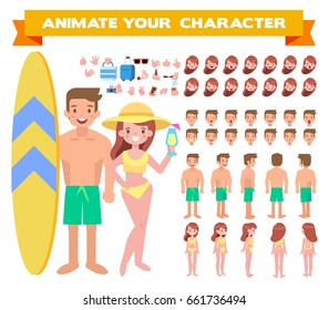 Happy couple together on the beach. Front, side, back view animated characters. Flat vector illustration.