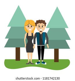 happy couple together with pine trees