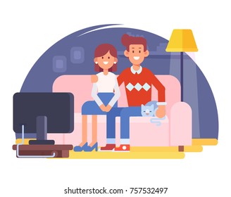 Happy couple together sitting on the couch at home and watching tv.  Happy parents. Cartoon style, Flat Vector illustration. 