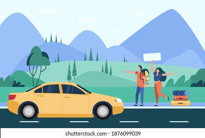 Happy couple of tourists with backpacks and camping stuff hitchhiking on road and thumbing yellow car. Mountain landscape. Vector illustration for travel, hiking, trekking, adventure concept