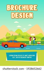 Happy couple of tourists with backpacks and camping stuff hitchhiking on road and thumbing yellow car. Mountain landscape. Vector illustration for travel, hiking, trekking, adventure concept