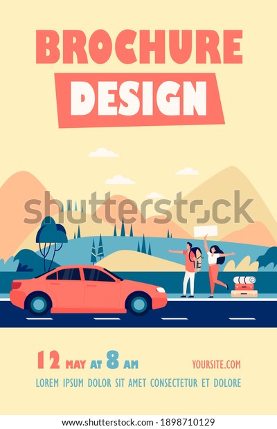 Happy couple of tourists with backpacks and\
camping stuff hitchhiking on road and thumbing yellow car. Mountain\
landscape. Vector illustration for travel, hiking, trekking,\
adventure concept