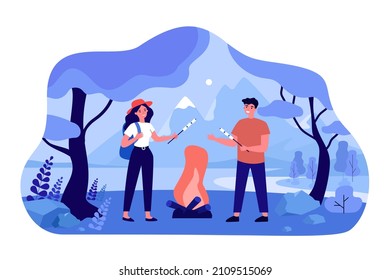 Happy couple of tourists roasting marshmallows on sticks. People standing near bonfire in forest camp flat vector illustration. Picnic, adventure concept for banner, website design or landing web page