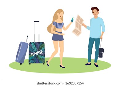 Happy couple of tourists with travel bag. Summer vacation people isolated vector. Illustration of summer tourist character, woman and man