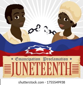 
Happy Couple With Traditional Costume For Historical Reenactments Of Juneteenth With Commemorative Flag, Scroll And Broken Chains As Symbol Of Freedom During This Celebration.