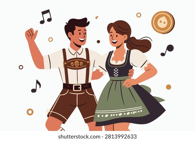 Happy couple in traditional German dirndl and lederhosen dancing together surrounded by playful musical notes.