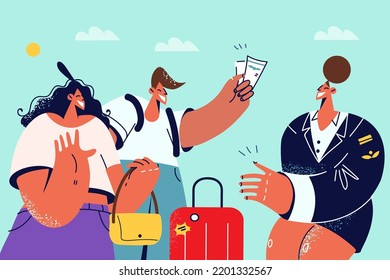 Happy couple travelers give tickets stewardess excited about travel. Smiling people with suitcase in airport ready to travel. Tourism concept. Vector illustration. 