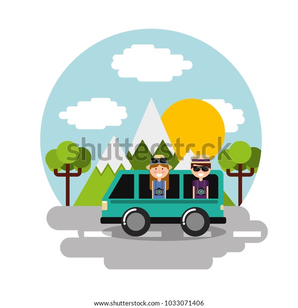 happy couple travelers vacation in car van\
mountains landscape\
scene