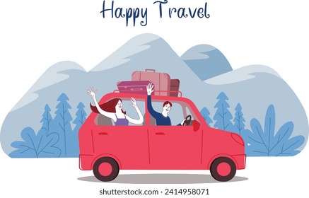 Happy couple traveling in a car, vector illustration with layers.