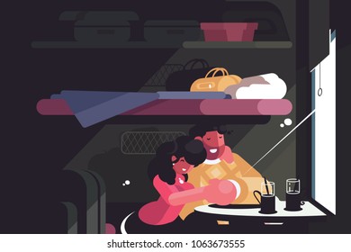 Happy couple traveling in train compartment. Hugging man and woman. Vector illustration