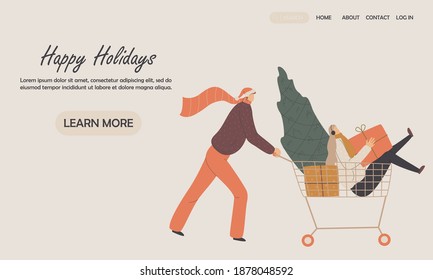 Happy couple travels with a shopping cart. Design for landing web page, ui, mobile app, banner template. Vector illustration