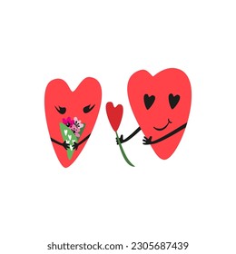 A happy couple of two hearts. A joyful situation with a gift and flowers. Valentine day. 
