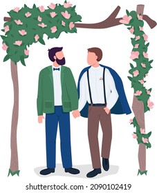 Feliz pareja bajo portadores de color semiplano de puerta floral. Cifras dinámicas. Gente de cuerpo entero en blanco. Feliz matrimonio aislado, moderna ilustración de estilo de caricatura para diseño gráfico y animación