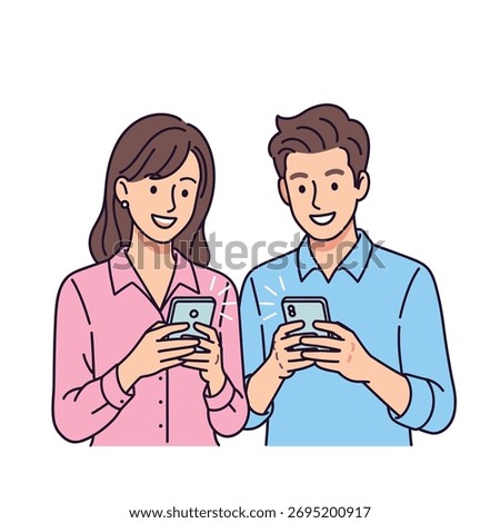 Happy Couple Using Phones Together Illustration