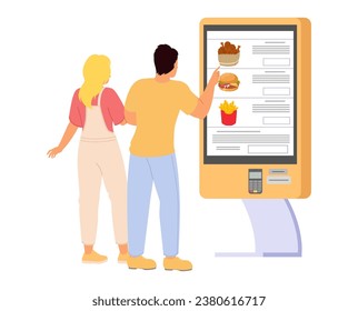 Happy couple using self-service fast food kiosk vector illustration isolated on white background