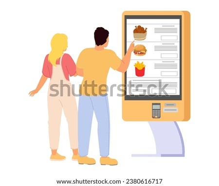 Happy couple using self-service fast food kiosk vector illustration isolated on white background