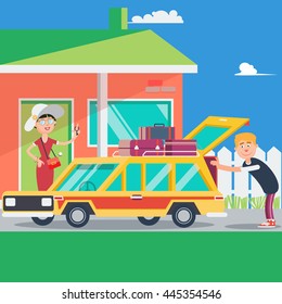 Happy Couple Vacation. Summer Trip by Car. Vector illustration