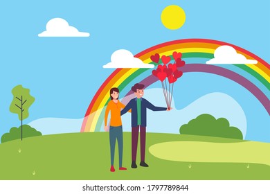 Happy couple vector concept: man carrying heart shape balloons while hugging his girlfriend in the middle of the green hills