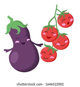 Happy couple of vegetables: tomato and eggplant. Nice crop.
Isolated on a white background.