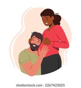 Happy Couple Waiting Baby. Young Husband Listening Heartbeating in Belly of Pregnant Wife. Female Character Prepare for Motherhood, Maternity, Relations, Childbirth. Cartoon People Vector Illustration