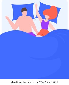 Happy couple waking up and waving cheerfully from their cozy bed, wrapped in a soft blue blanket, embracing the morning with joy and positive energy as they start a new day together