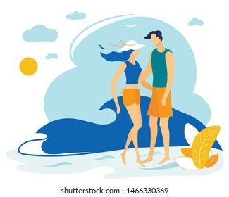 Happy Couple Walking along Beach, Hugging each other. Loving Characters Pair Spending Time on Sea Coast at Summer Time. Love, Relations, Friendship, Romantic Journey. Cartoon Flat Vector Illustration