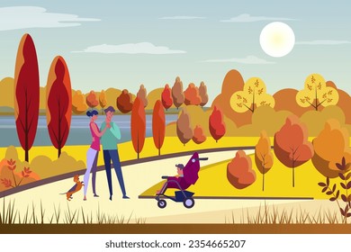Happy couple walking with baby in park vector illustration. Young family and dog enjoying peaceful nature in forest with autumn trees and lake. Nature, fall, outdoor activity concept
