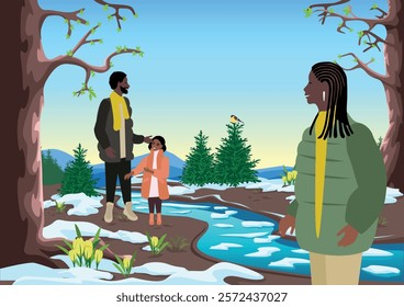 Happy couple walking by the river in spring. Family walk in spring nature among melting snow and yellow crocuses. Beauty of nature. Time with family. Vector illustration.