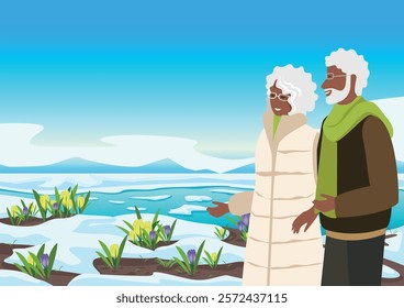 Happy couple walking by the river in spring. Family walk in spring nature among melting snow and yellow crocuses. Beauty of nature. Time with family. Vector illustration.