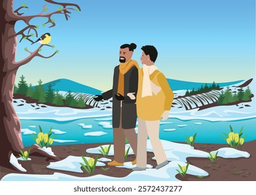 Happy couple walking by the river in spring. Family walk in spring nature among melting snow and yellow crocuses. Beauty of nature. Time with family. Vector illustration.