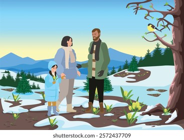 Happy couple walking by the river in spring. Family walk in spring nature among melting snow and yellow crocuses. Beauty of nature. Time with family. Vector illustration.