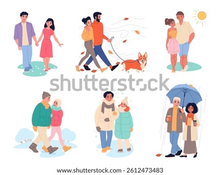 Happy couple walking. Different weather strolls, warm and cold seasons, outdoor pastime, people on fresh air, romantic meeting, active lifestyle cartoon flat isolated illustration, classy vector set