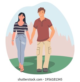 Happy couple walking in forest or park holding hands, flat vector illustration. Travelers hiking, camping, trekking. Forest camp, summer outdoor activity, recreation, vacation.
