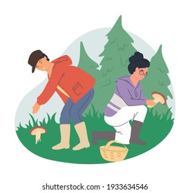 Happy couple walking in forest picking mushrooms, flat vector illustration. Mushroom hunting hobby. Summer and autumn season outdoor activity.