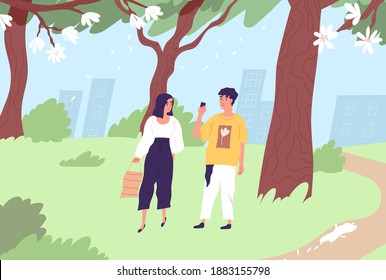 Happy couple walking in green city park in summer. Modern people strolling in nature. Young guy taking photo on phone of his stylish girlfriend. Colorful flat vector illustration on white