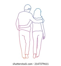Happy couple walking and hugging each other. Rainbow gradient. Sketch vector illustration.