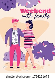 Happy couple walking in park together - cartoon poster with young family of man and woman smiling at each other while taking a walk in summer nature. Vector illustration.