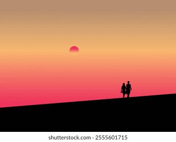 Happy couple walking at silhouette sunset time vector illustration